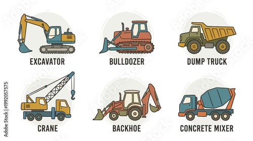 Construction vehicles and heavy machinery set in detailed flat vector illustration style