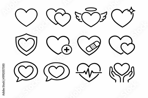 Collection of minimalist heart outline icons featuring variations like shield, speech bubble, bandage, pulse, and wings. Versatile vector set for love, healthcare, charity, and social media apps.