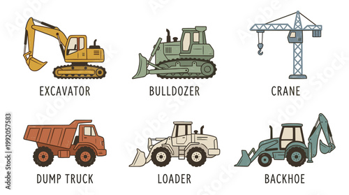 Construction vehicles and heavy machinery set in detailed flat vector illustration style