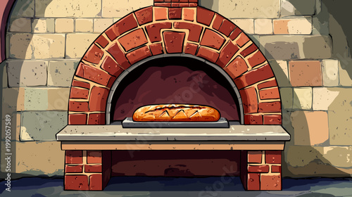A cartoon illustration depicts a brick oven with a loaf of bread baking inside, ready to be served