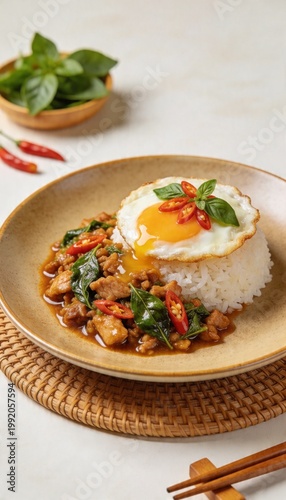 Authentic Thai basil chicken (Pad Krapow Gai) served with jasmine rice and a fried egg on a ceramic plate