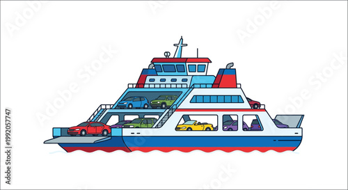 Colorful ferry transporting vehicles across blue wavy waters