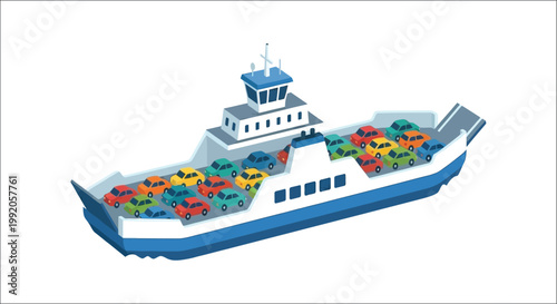 A colorful ferryboat transports numerous cars across a body of water