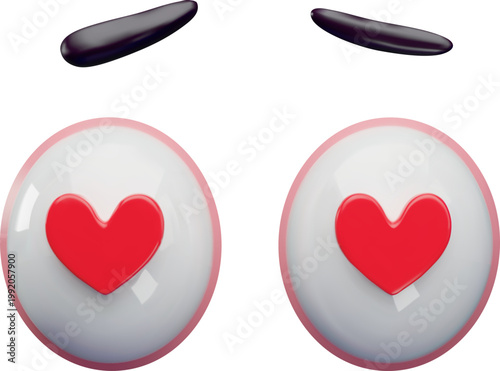 3D eye icon with red hearts for pupils and eyebrows.