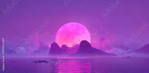 Quiet mountain ranges and a placid lake capture a huge pink moon at night. Suitable for fantasy or sci‑fi visual art