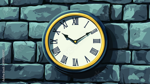 A classical clock, with Roman numerals, is mounted on a rough stone wall. Time passes