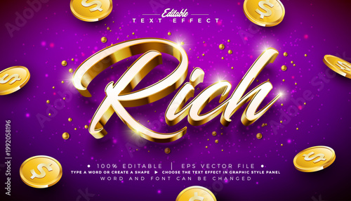 Rich Editable Text Effect Vector Graphic Style with Golden Framed White 3D Typography Lettering and Gold Coin on Shiny Purple Background. Premium Scalable Luxury Illustration Template for Greeting Car