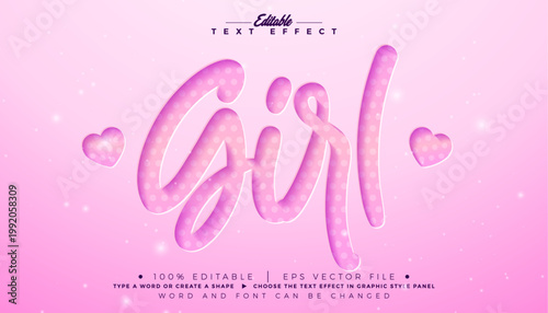 Girl Editable Text Effect Design Vector Graphic Style with Cut Out Typography Lettering and Heart on Pink Background. Beauty, Love or Girlie Friendship Theme Scalable Illustration Template for Greetin