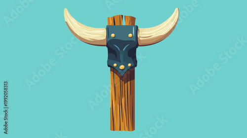 Pixelated artwork of a stylized axe design, featuring ivory-colored horns and wooden handle on teal background