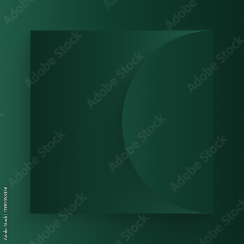 Minimalist abstract geometric dark green background with offset circle and square composition, modern gradient design, asymmetrical layout, contemporary digital backdrop