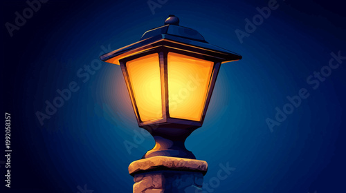 Digitally painted, illuminating street lamp against a gradient blue backdrop; light shines through panels