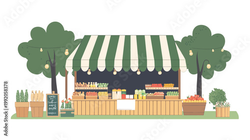 A charming, illustrated farmers market stall, complete with fruits, vegetables, and greenery