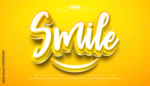 Smile Editable Text Effect Design Vector Graphic Style with 3d Multilayered Typography Lettering and Shadow on Yellow Background. Premium Scalable Mockup Illustration Template for Greeting Card, Flyer
