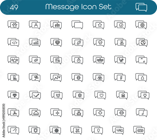 Set of linear chat bubble icons with various symbols for communication. Vector thin line pictograms for social media, business, and web design. Minimalist outline interface elements for messaging.