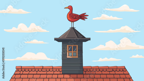A cartoon depiction of a building roof, with a tower topped by a weather vane bird, and clouds