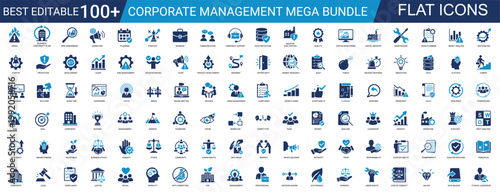 Complete Corporate Management Business Strategy and Professional Ethics Icon Set. Leadership, Governance. Success, Development, Organization. Editable  Solid Vector illustration Pack.