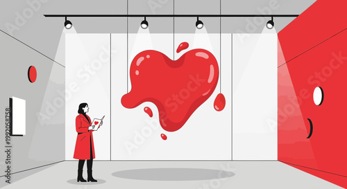 Artist paints large red heart artwork in modern gallery, abstract art concept