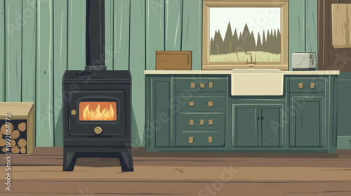 A cozy interior scene with a lit stove, a sink, wooden elements, and a window framing a landscape view