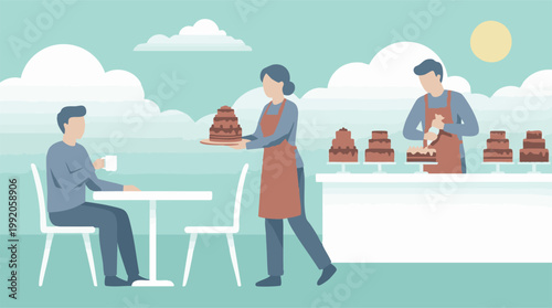 Bakery business with staff decorating and serving cakes to a customer