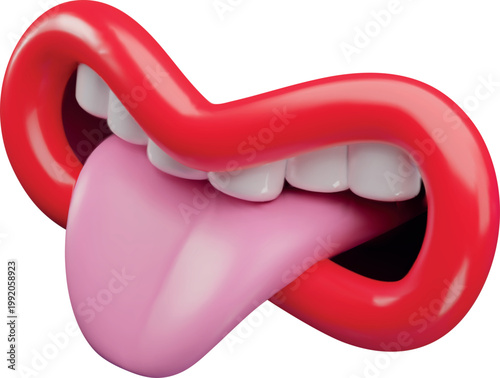 Joke stick out tongue mouth expression isometric view, vector cartoon 3D comic funny tease open mouth red lips and teeth