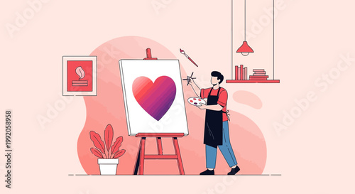 Artist painting a vibrant gradient heart on canvas, creative inspiration and love concept