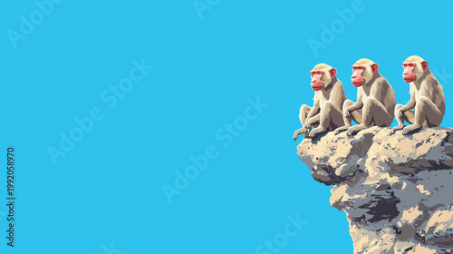 Three primates sit on a cliff, looking into the distance with a bright blue sky background