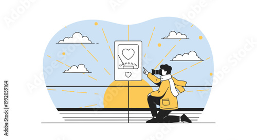 Man Taking Photo of Digital Heart Display with Camera, Abstract Sky Background