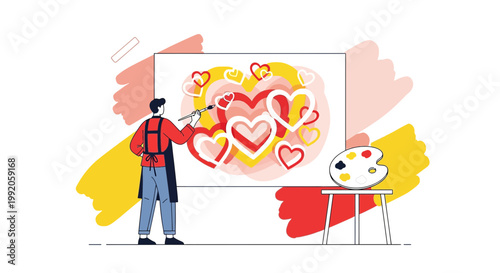 Artist painting abstract hearts on canvas, creative inspiration, love art concept
