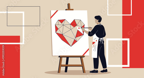 Artist painting geometric heart on canvas, modern abstract art, creativity and love concept