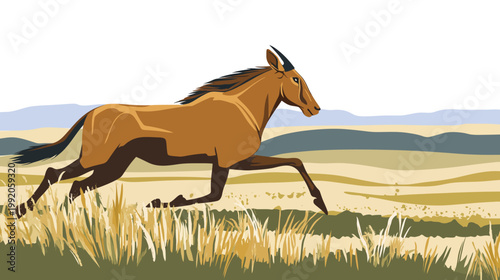 A stylized illustration features a running antelope in a field, with minimalist details and muted colors