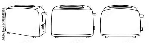 Toaster set with black line art depiction on white background featuring kitchen appliance, breakfast item, icon design with minimalism and illustration