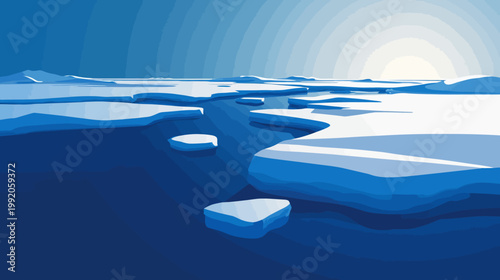Pixelated illustration depicting an icy arctic scene with icebergs under a bright, pale blue sky
