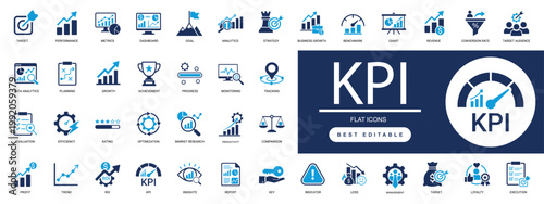 KPI Icon Set. Key Performance Indicators, Metrics, Analysis, Dashboard, Success. Editable  Solid  Vector Illustration. 