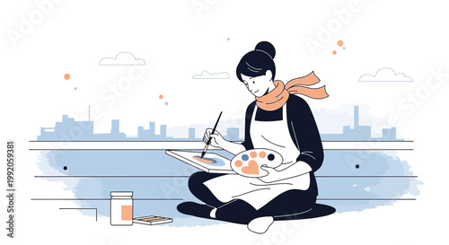 Artist painting outdoors with city skyline background, creative hobby, inspiration