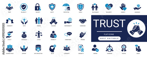 trust icon set. reliability, integrity, security, loyalty, assurance, friends, safety, protection, honesty, faith, business, success. editable solid vector  illustration.