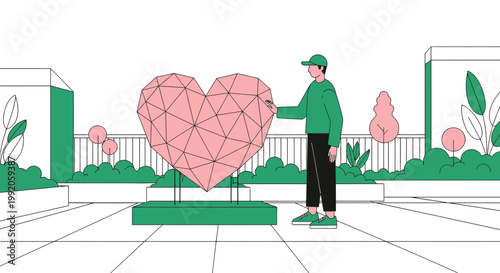 Man Touching Geometric Heart Sculpture in Modern Garden