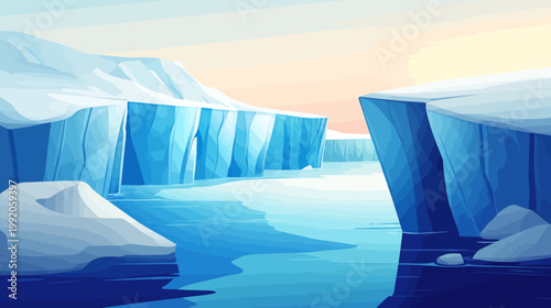 A pixelated illustration of a glacial landscape with icebergs and water. Sky with pastel hues