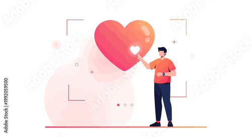 Man Touching Glowing Heart Icon, Digital Health Concept, Love and Care Symbol