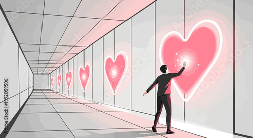 Man Touching Glowing Heart Screen in Futuristic Corridor