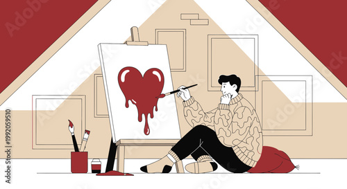 Artist paints a melting heart on canvas, symbolizing love, creativity, and passion
