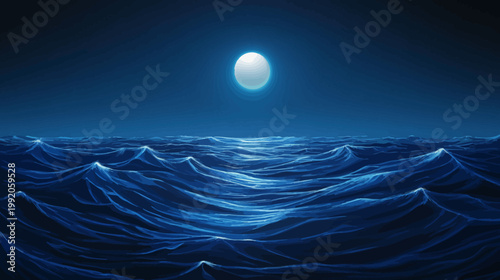 Pixelated illustration of ocean waves under a moonlit sky, creating a serene, nighttime scene