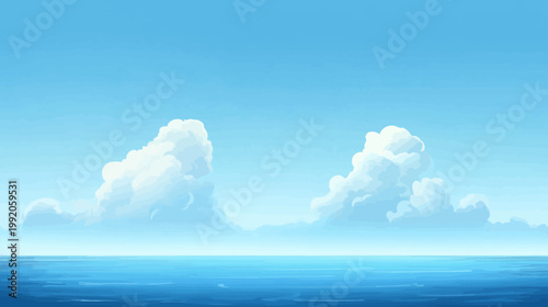 Digital illustration of a serene seascape with clouds, ocean and blue sky