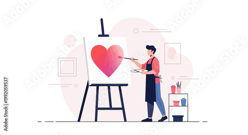 Artist paints a vibrant geometric heart on canvas, symbolizing love and creativity