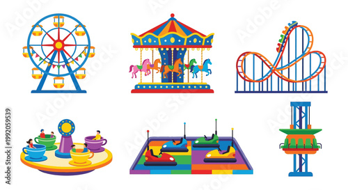 Colorful amusement park rides including a ferris wheel and roller coaster