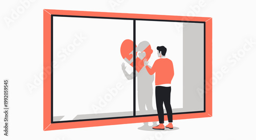 Man touching heart reflection on window, self-love, mental health, abstract shapes, positive mindset