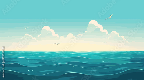 Pixelated illustration of a serene ocean scene with clouds, seagulls, and clear sky