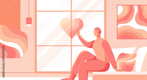 Man Touching Heart Shape on Window, Love, Connection, Abstract Art, Minimalist Home Decor