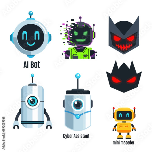 さまざまなロボットキャラクターが並び、AIやサイバーアシスタント、ミニマスケダーなどが描かれている。