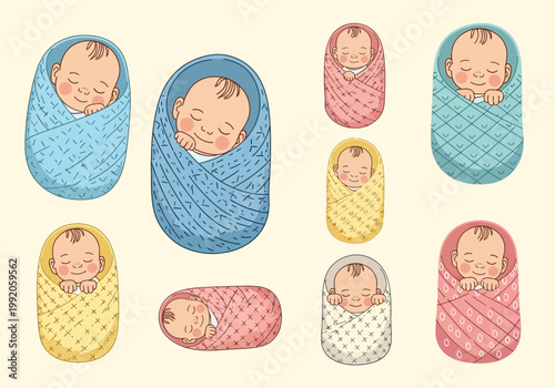 さまざまな色と模様の布に包まれた赤ちゃんのイラストが描かれている。