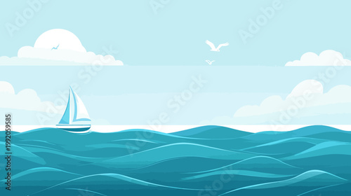 Pixelated artwork of a sailboat on ocean under a cloudy sky. Birds fly by